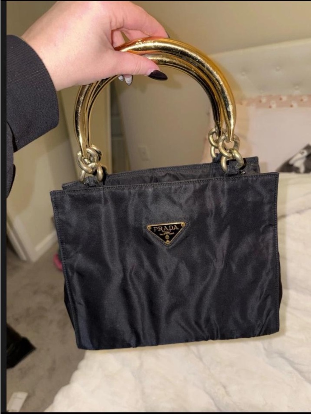 Prada Black Nylon Satchel with Gold-Tone Arched Handles and Triangle Logo - Picture 4 of 6